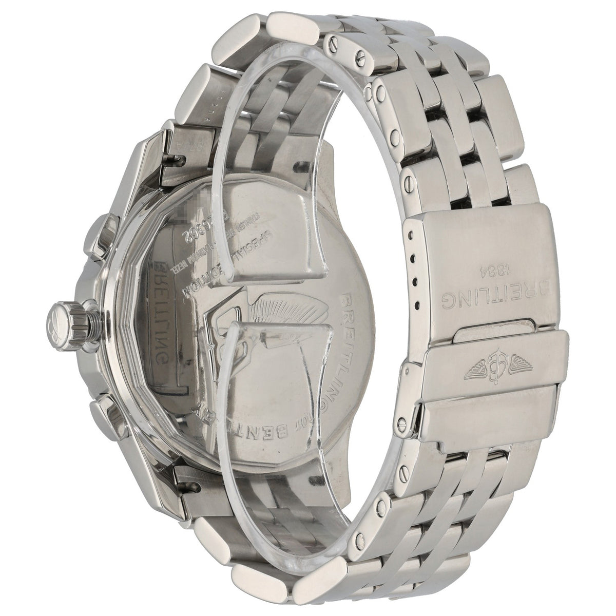 Breitling Bentley Mark VI P26362 watch back view, silver case and link bracelet with perforated strap