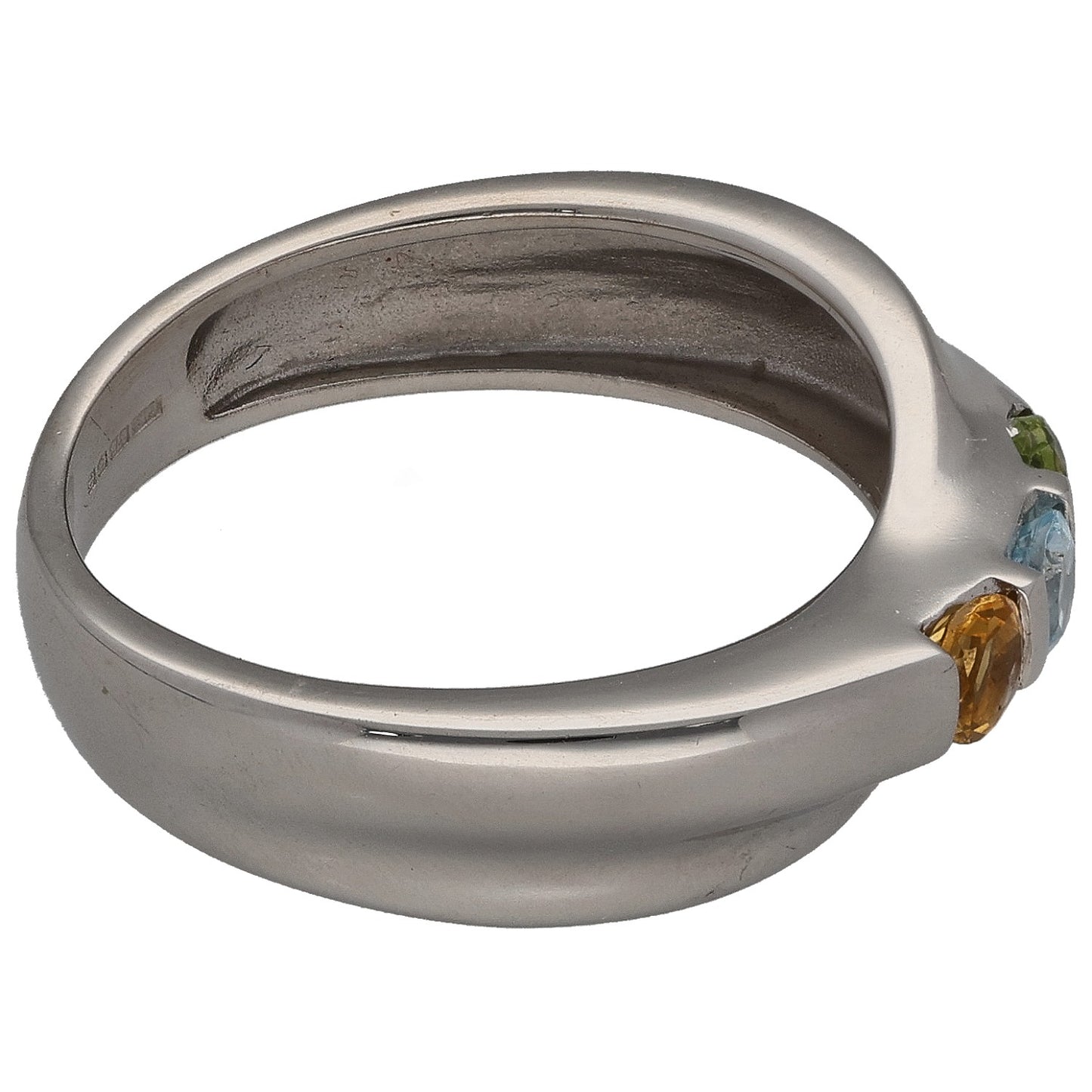 9ct White Gold Peridot, Topaz & Citrine Three Stone Ring Size K
