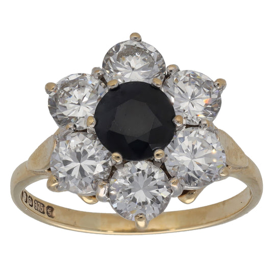 9ct Gold Sapphire & Cubic Zirconia Cluster Ring Size R