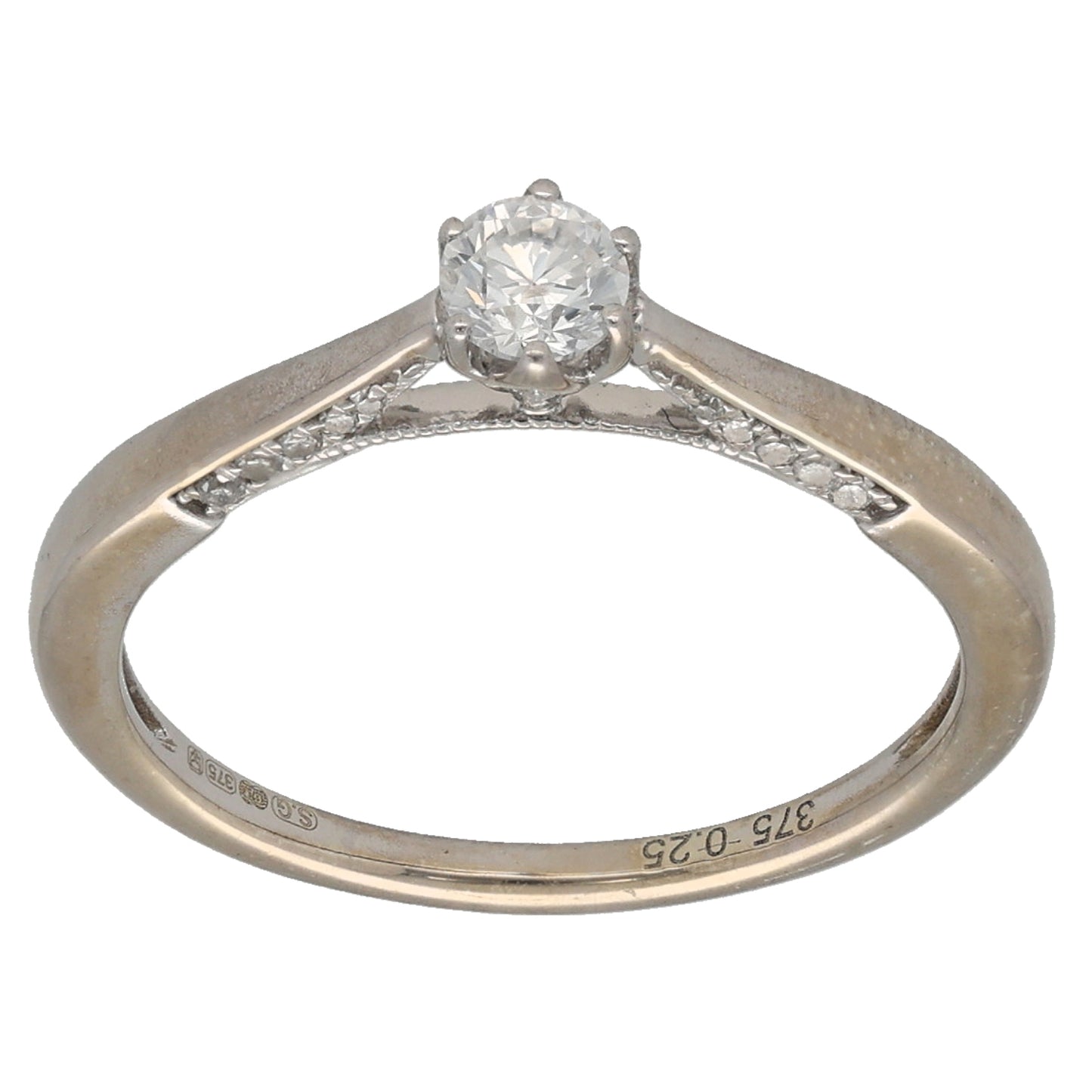 9ct White Gold 0.25ct Diamond Solitaire Ring With Accent Stones Size K