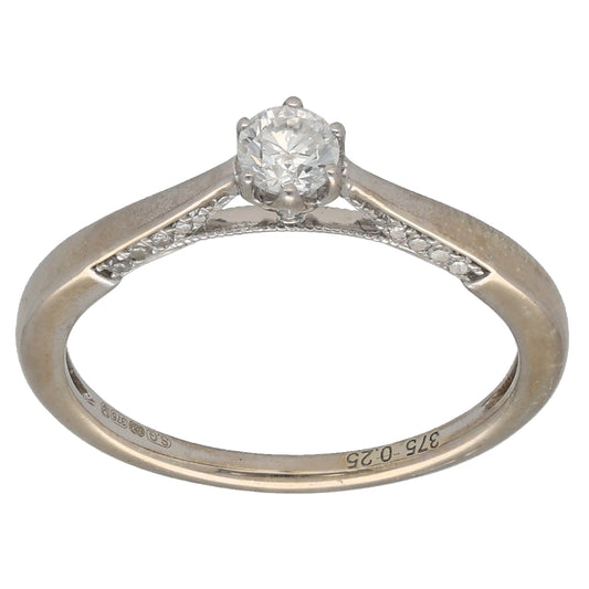 9ct White Gold 0.25ct Diamond Solitaire Ring With Accent Stones Size K