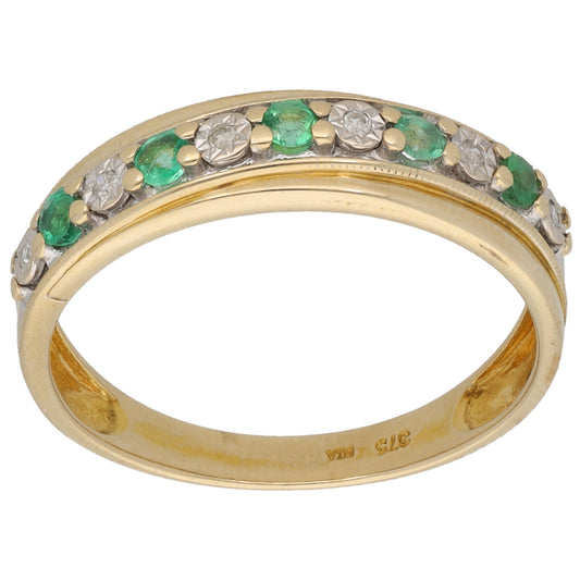 9ct Gold Emerald & 0.03ct Diamond Half Eternity Ring Size M