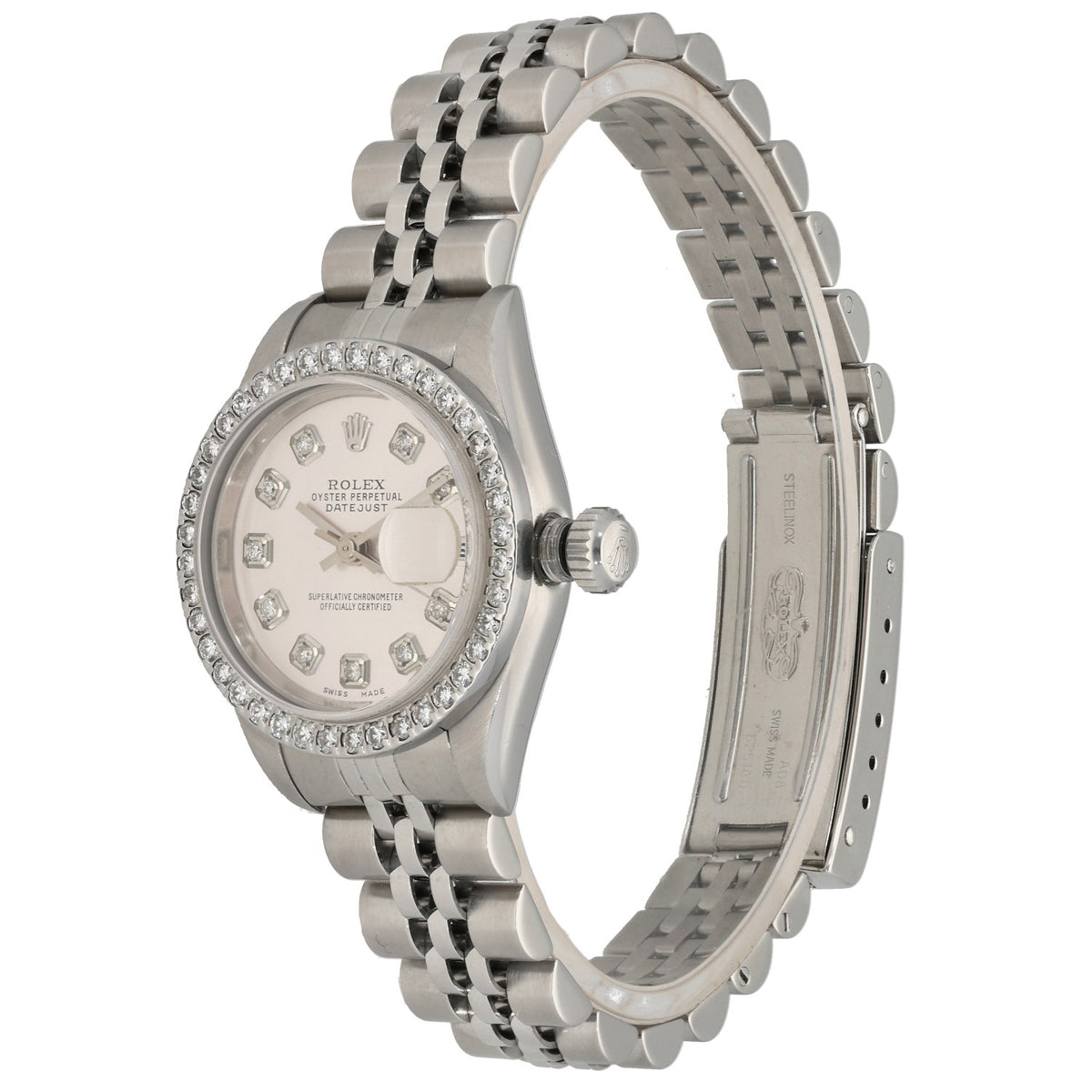Custom Rolex Lady Datejust 79240, with diamond bezel on stainless steel case and bracelet, front angle