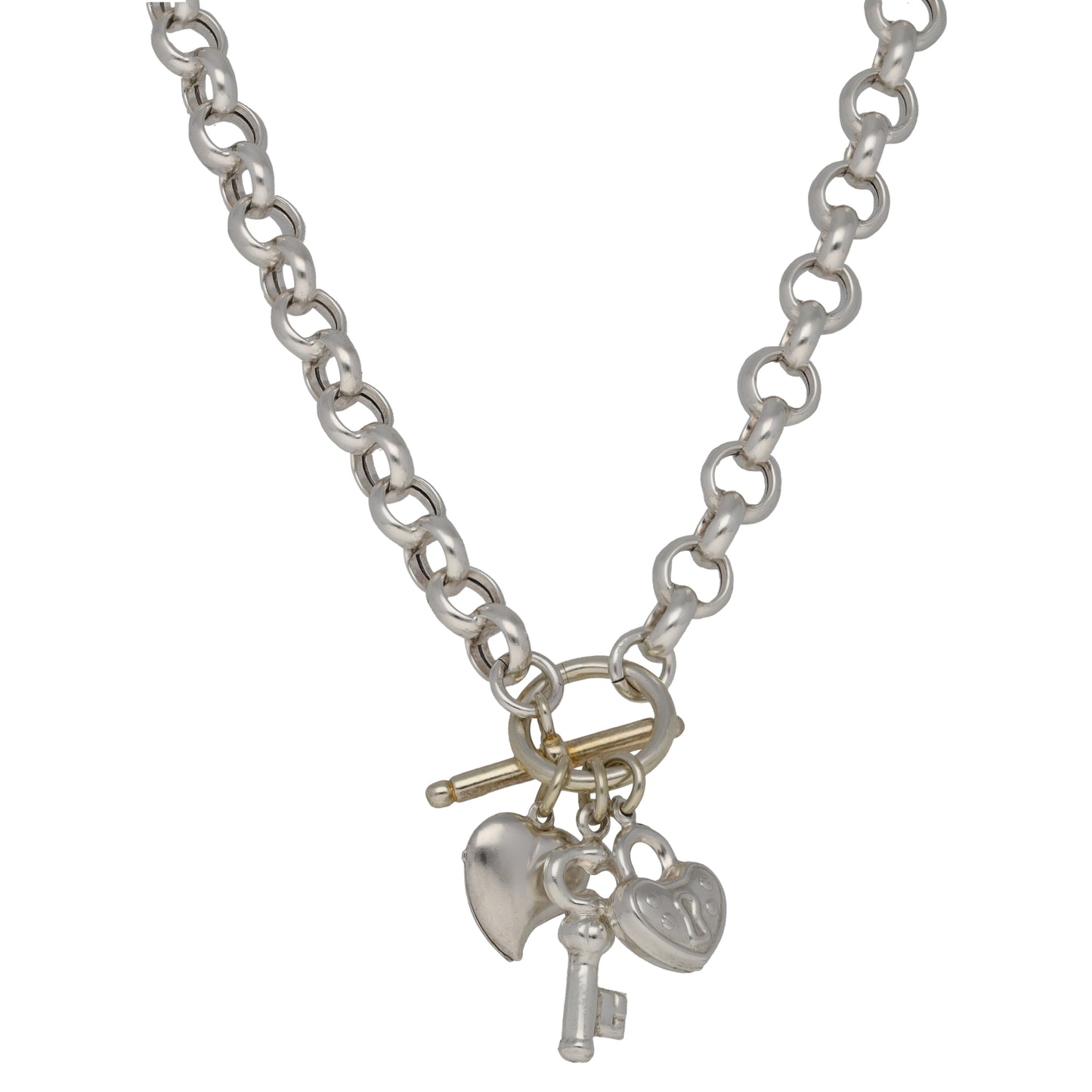 Sterling silver charm chain necklace with heart and key pendants