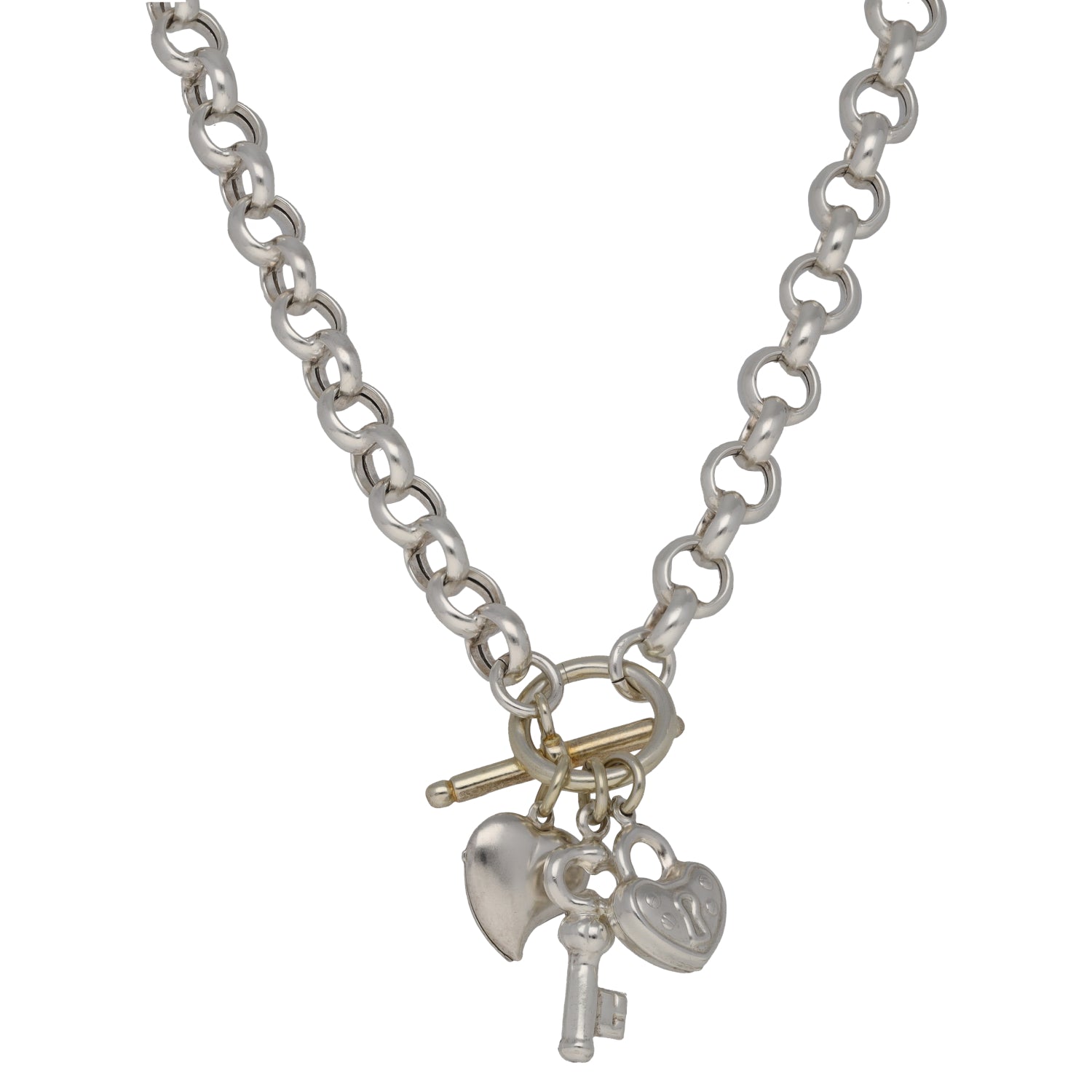 Sterling silver charm chain necklace with heart and key pendants