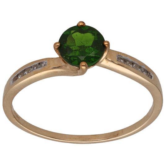 9ct Gold Diopside & Imitation Gems Single Stone Ring With Accents Size S