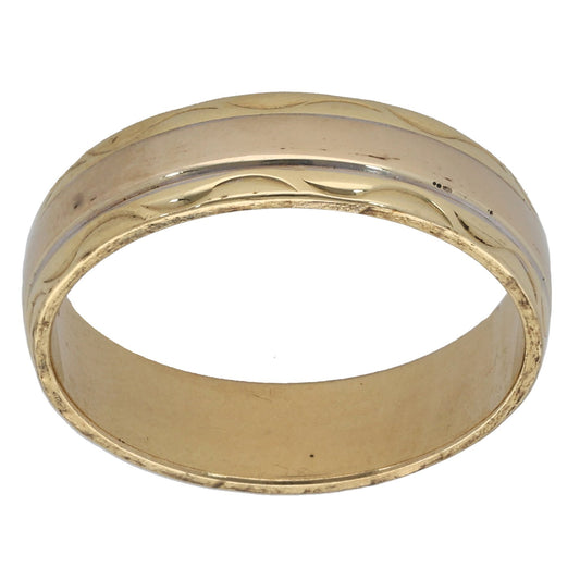 9ct Bi-Colour Gold Patterned Wedding Ring Size P