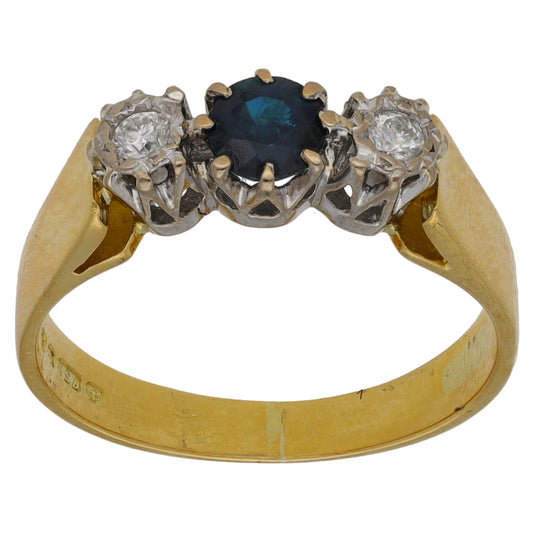 18ct Gold 0.10ct Diamond & Sapphire Trilogy Ring Size M