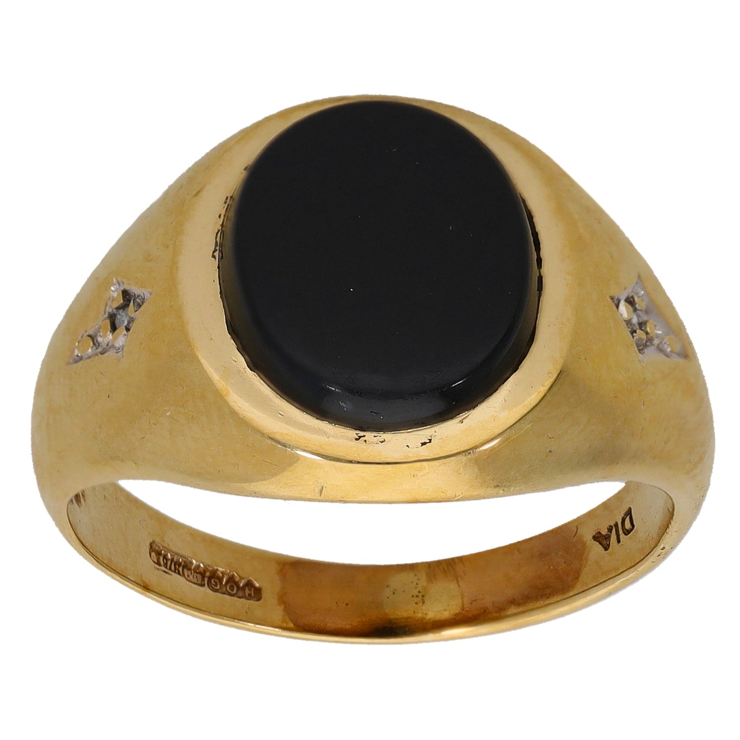 9ct Gold Onyx & 0.01ct Diamond Patterned Signet Ring Size M