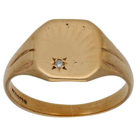 9ct Gold 0.01ct Diamond Single Stone Patterned Signet Ring Size Z+1