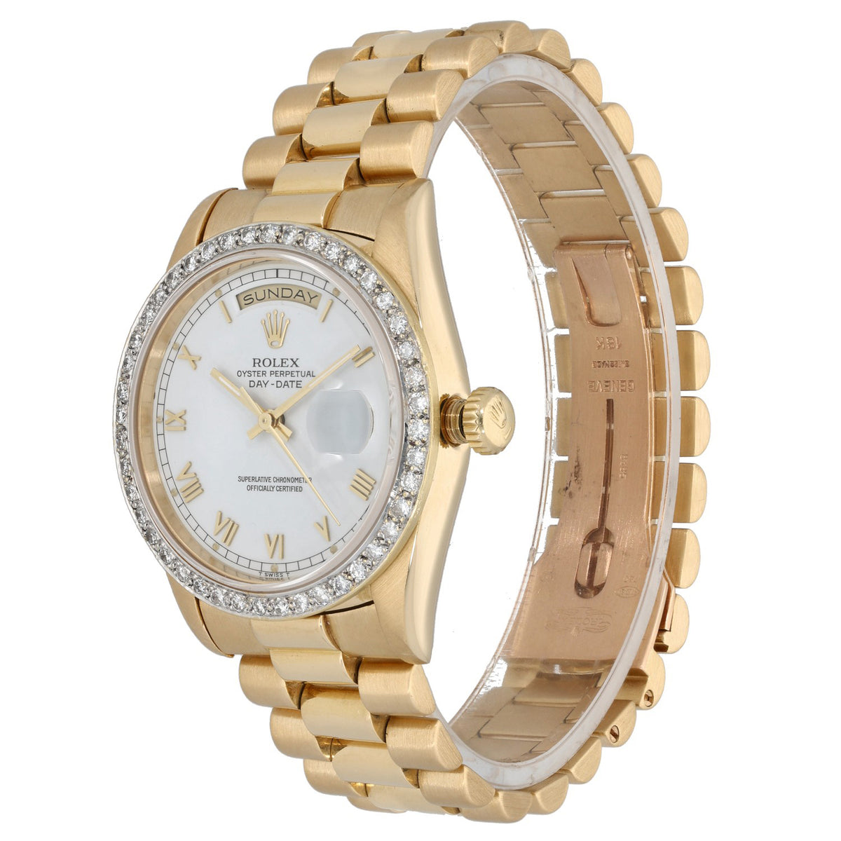 Custom Rolex Day-Date 18238, white dial and gold case and bracelet, crown angle image