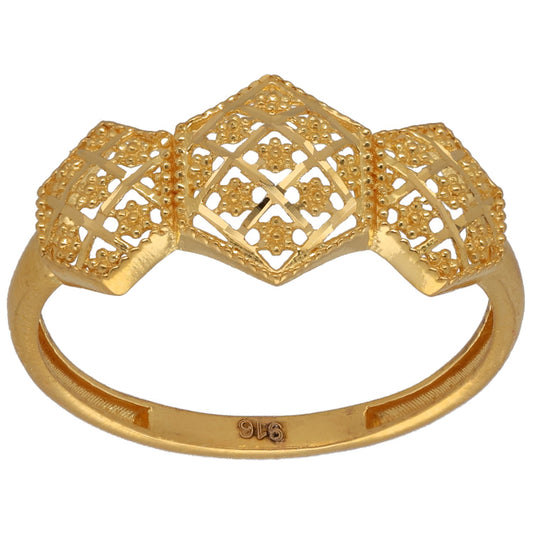 New 22ct Yellow Gold Three Hexagon Patterned Band Ring Size R