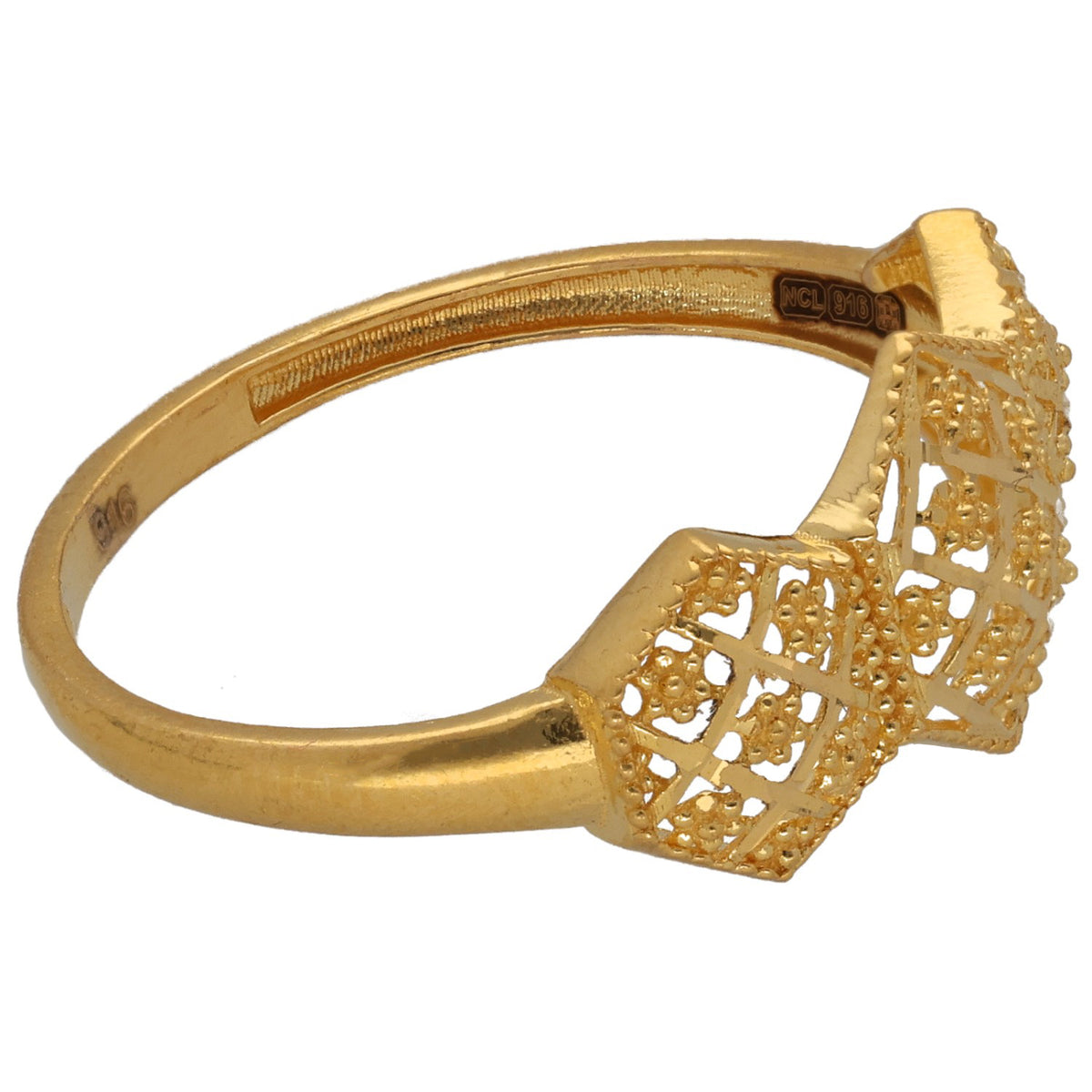 New 22ct Yellow Gold Three Hexagon Patterned Band Ring Size R