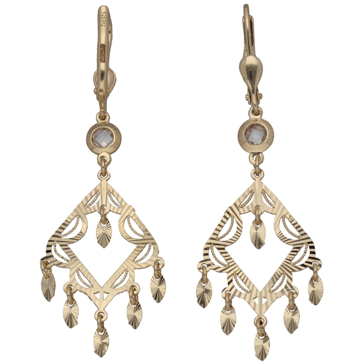 New 14ct Gold Cubic Zirconia Filigree Drop Earrings