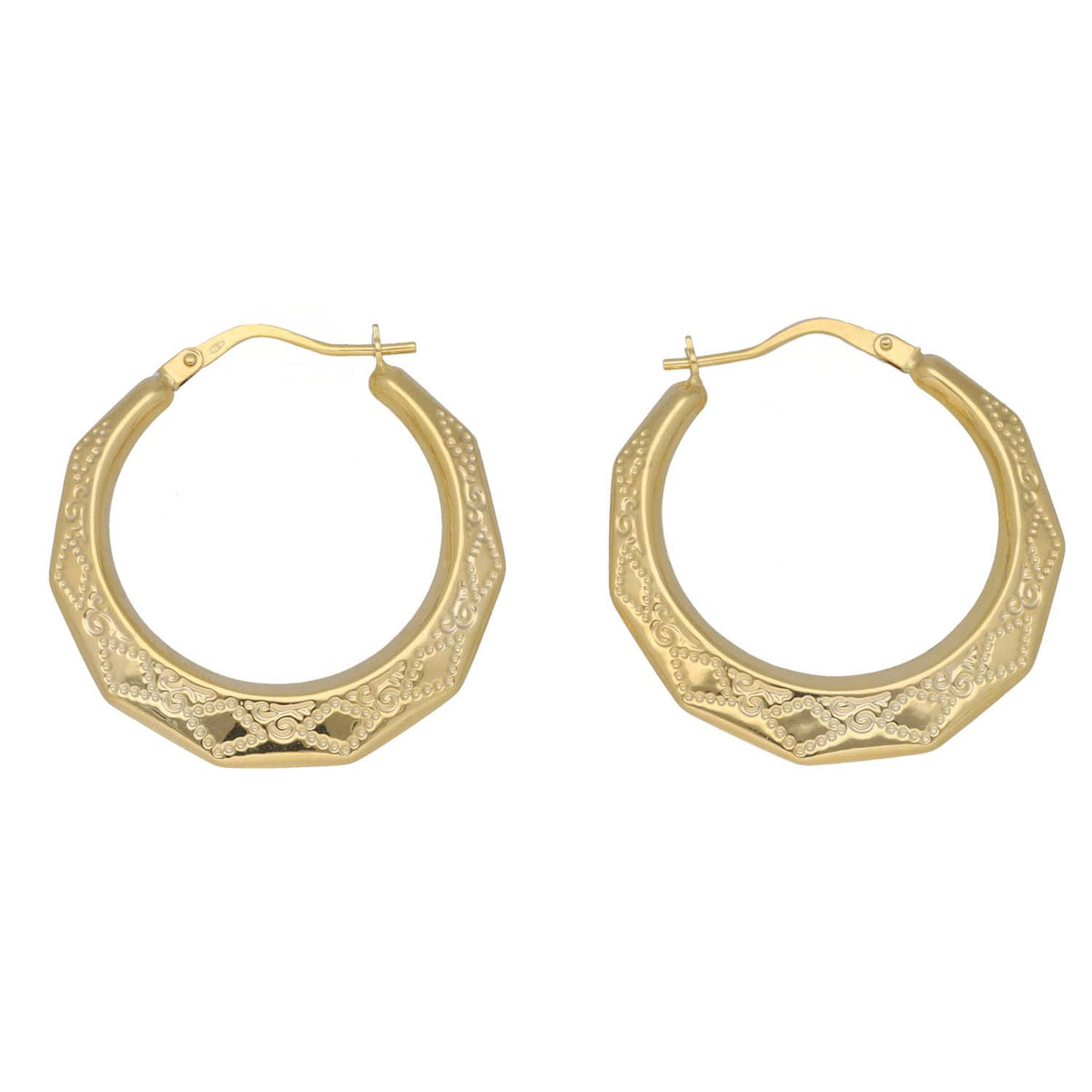 New 9ct Gold Round Fancy Hoop Earrings