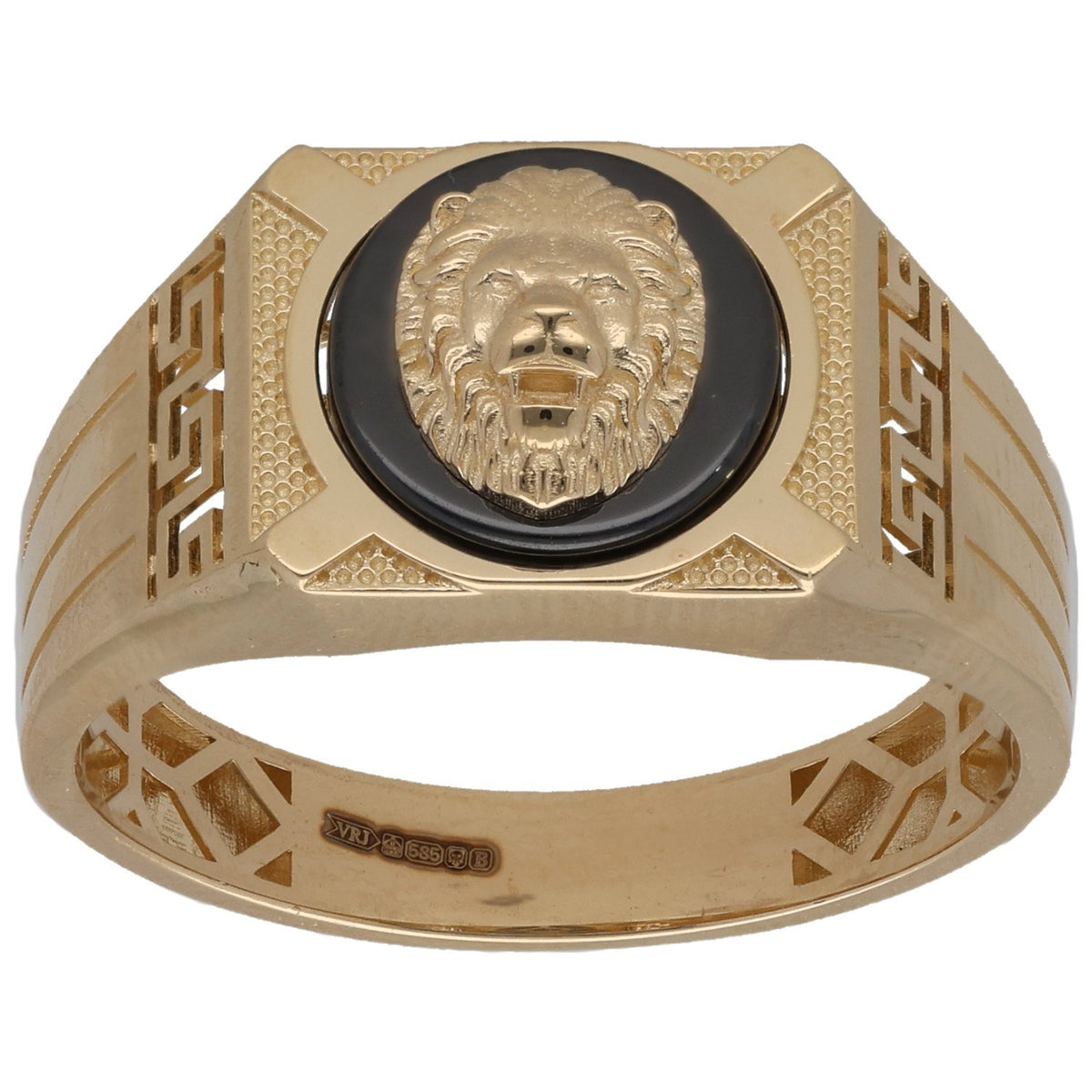 New 14ct Gold Lion Greek Key Black Ring Size X