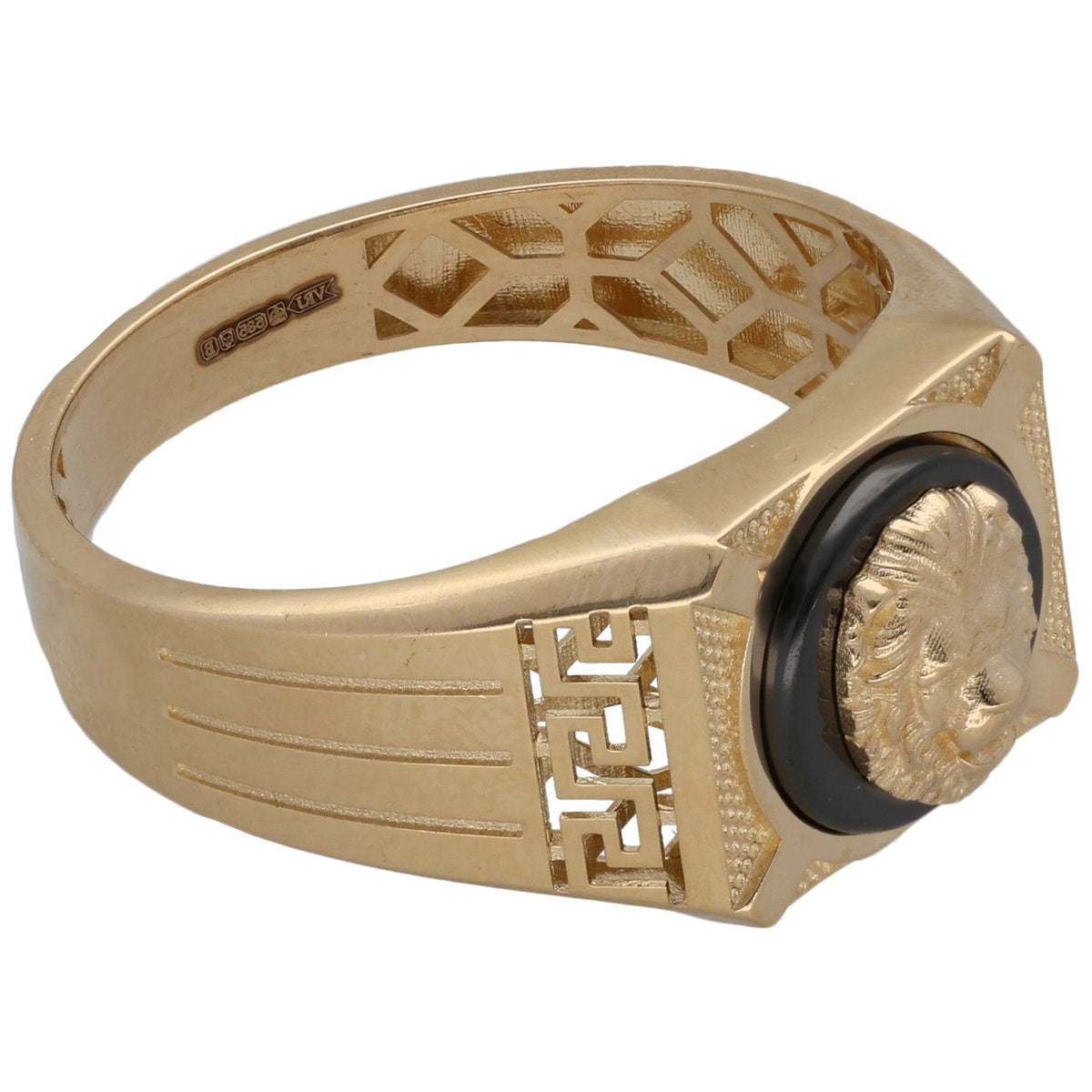 New 14ct Gold Lion Greek Key Black Ring Size X