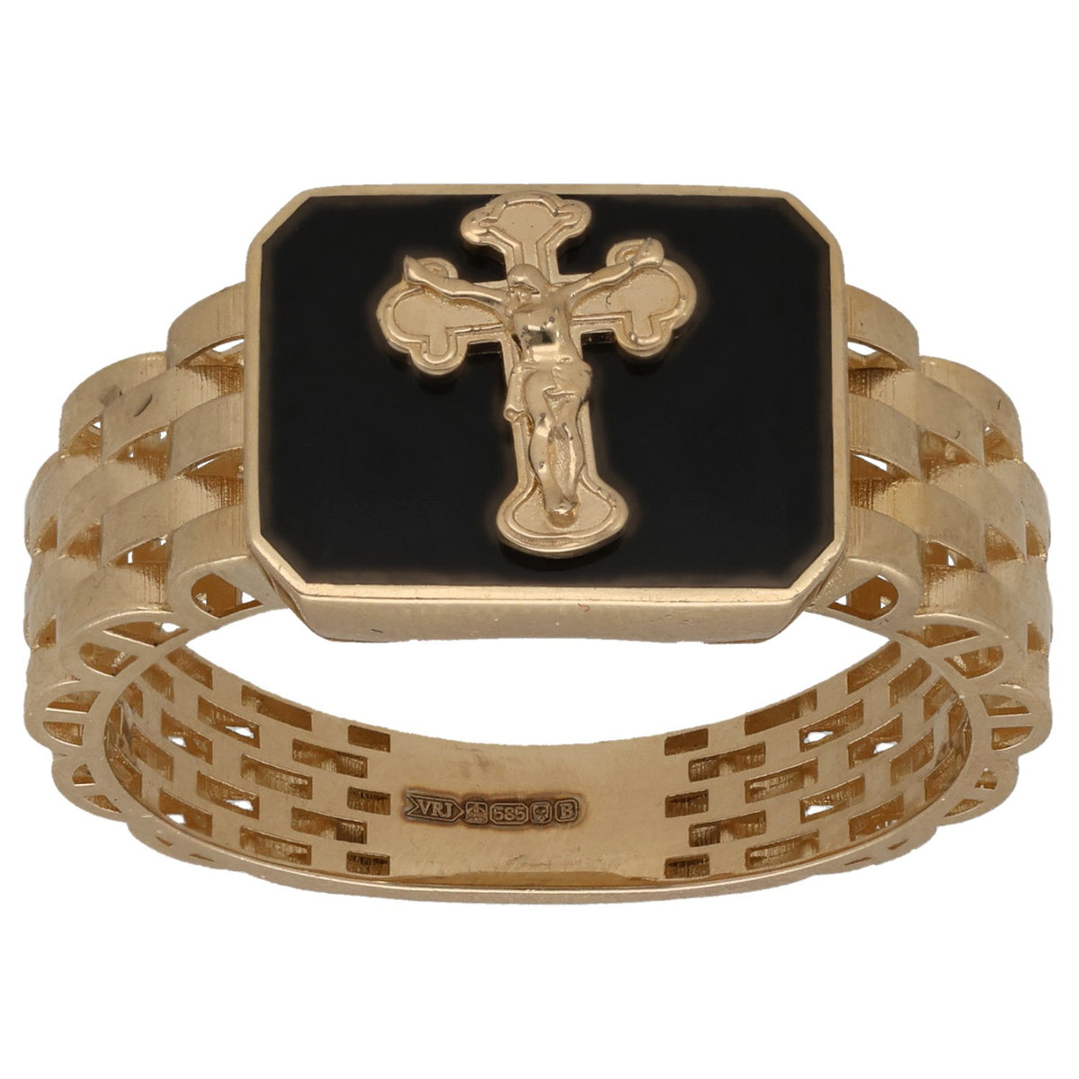 New 14ct Gold Black Crucifix Ring Size U