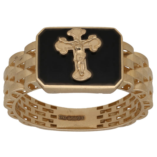 New 14ct Gold Black Crucifix Ring Size U