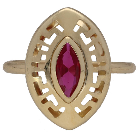 New 14ct Gold Greek Key Red Stone Ring Size I