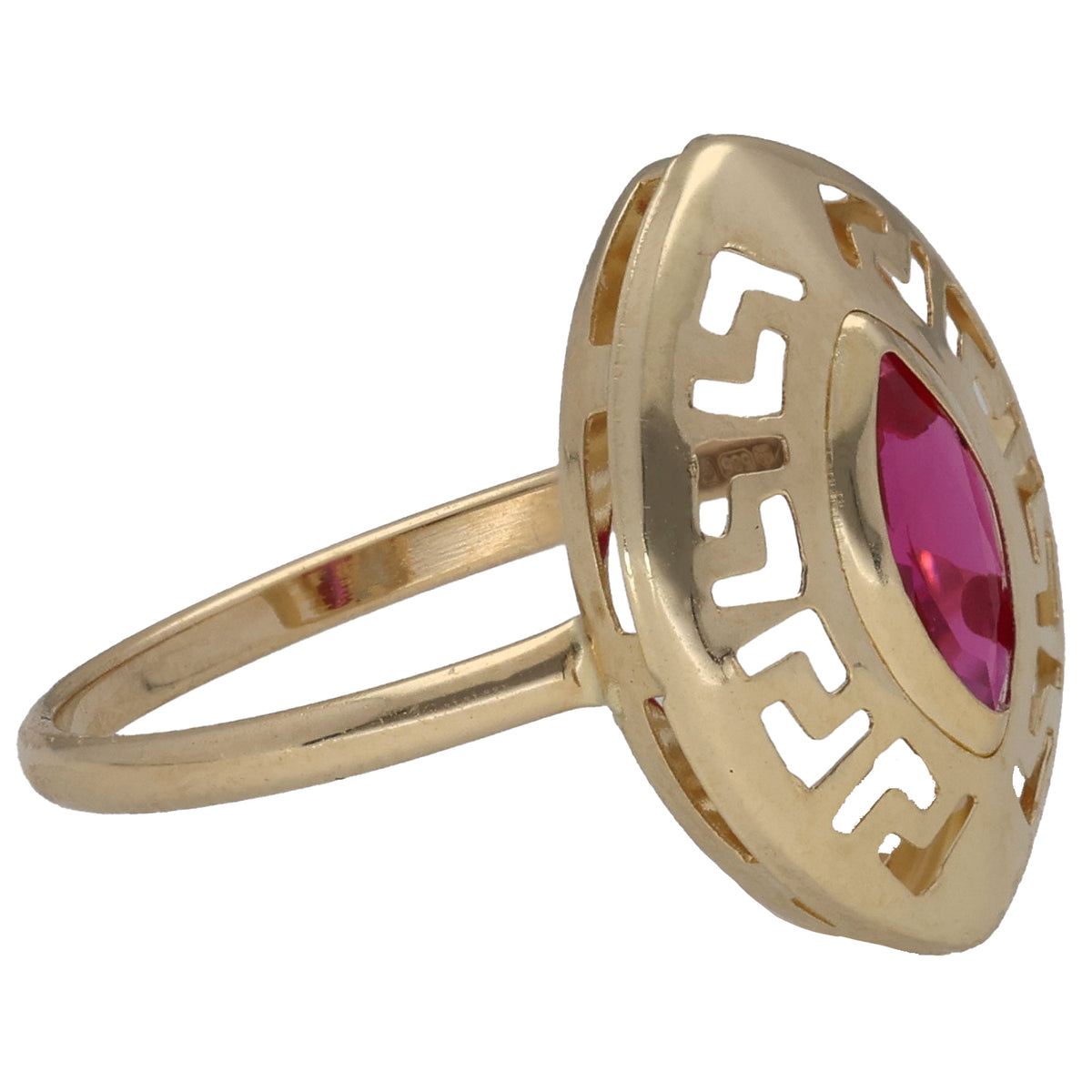 New 14ct Gold Greek Key Red Stone Ring Size I