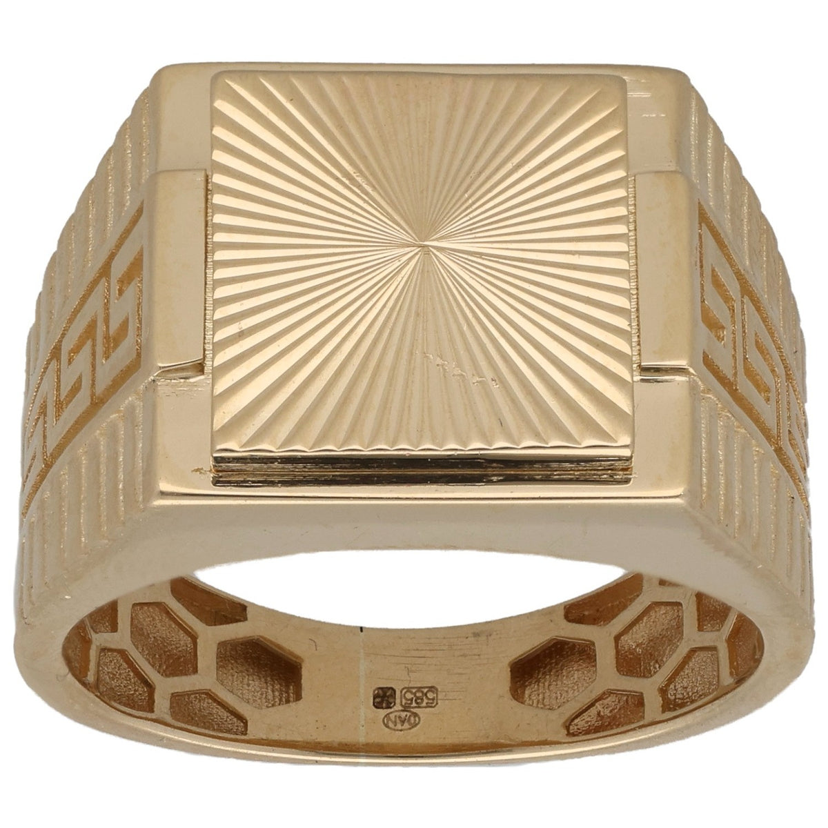 New 14ct Gold Starburst Greek Key Signet Ring Size U