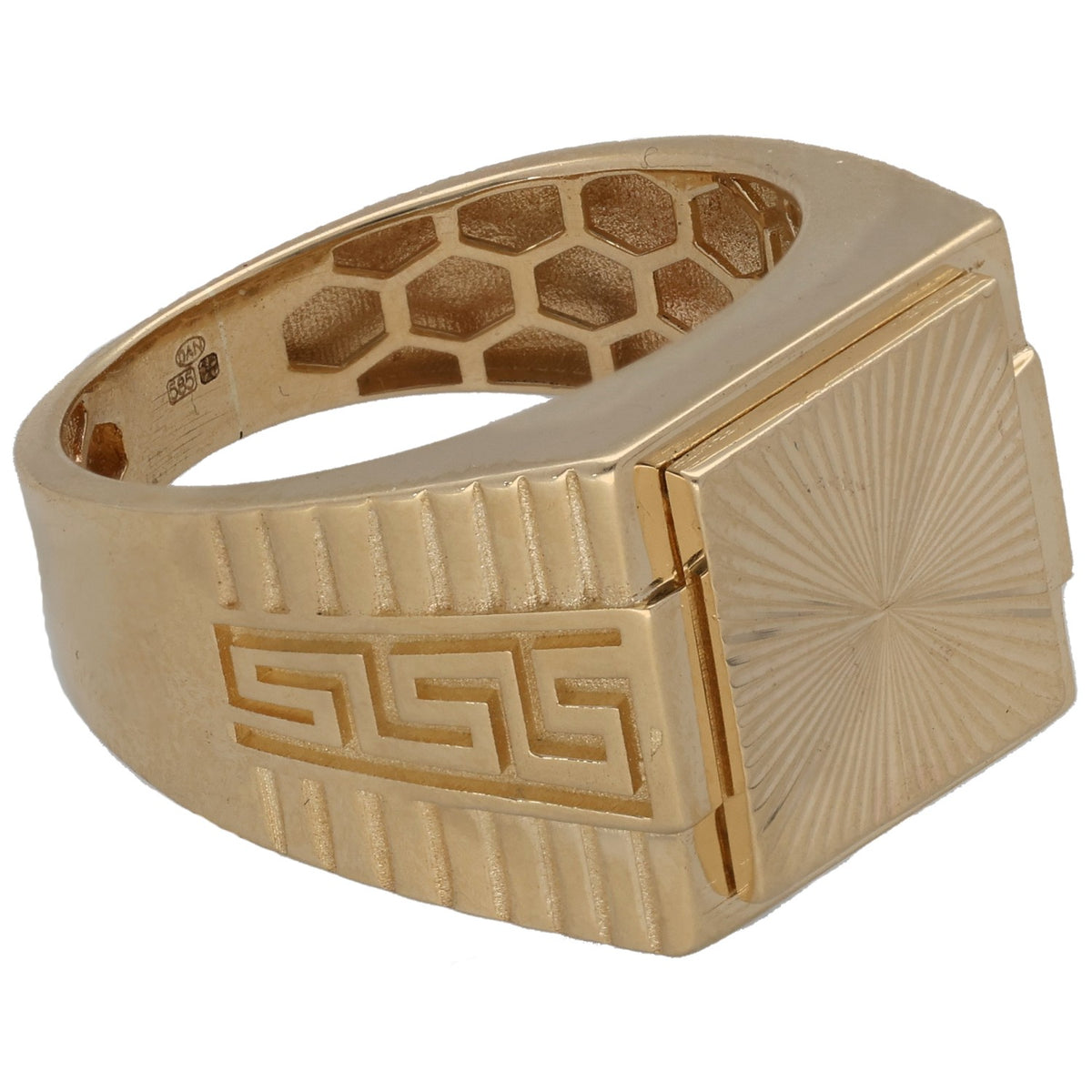 New 14ct Gold Starburst Greek Key Signet Ring Size U