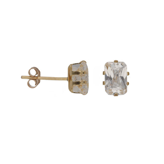 New 9ct Gold 6mm Cubic Zirconia Emerald Cut Solitaire Earrings