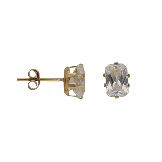 New 9ct Gold 6mm Cubic Zirconia Emerald Cut Solitaire Earrings