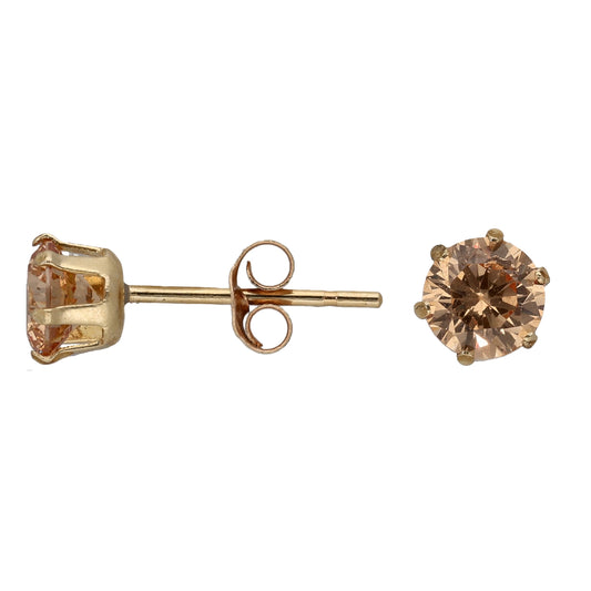 New 9ct Gold 4mm Cubic Zirconia Champagne Solitaire Earrings
