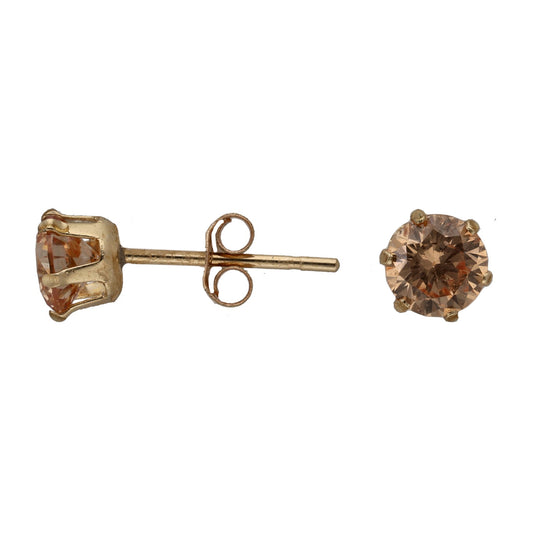 New 9ct Gold 4mm Cubic Zirconia Champagne Solitaire Earrings