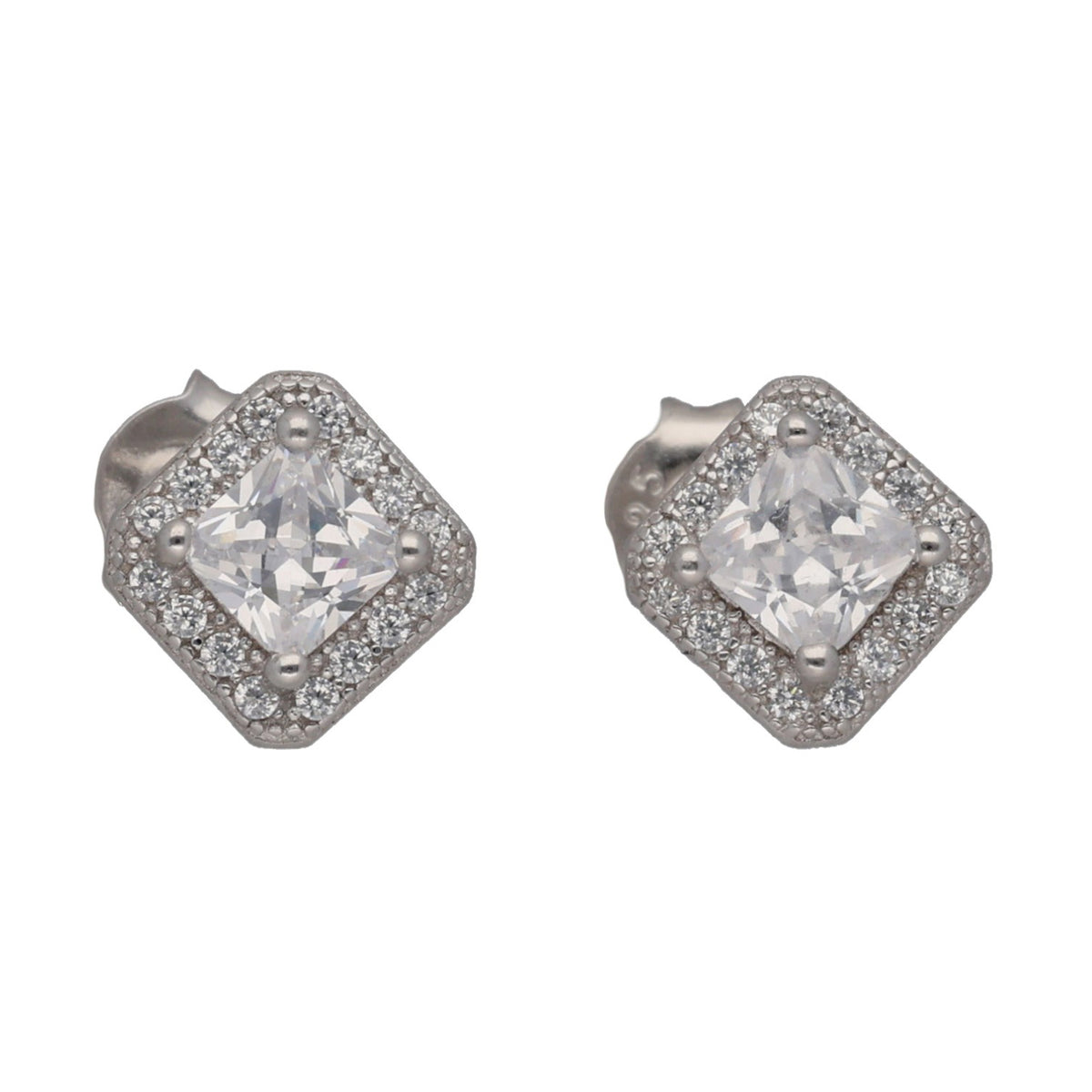 New Sterling Silver Cubic Zirconia Square Halo Stud Earrings