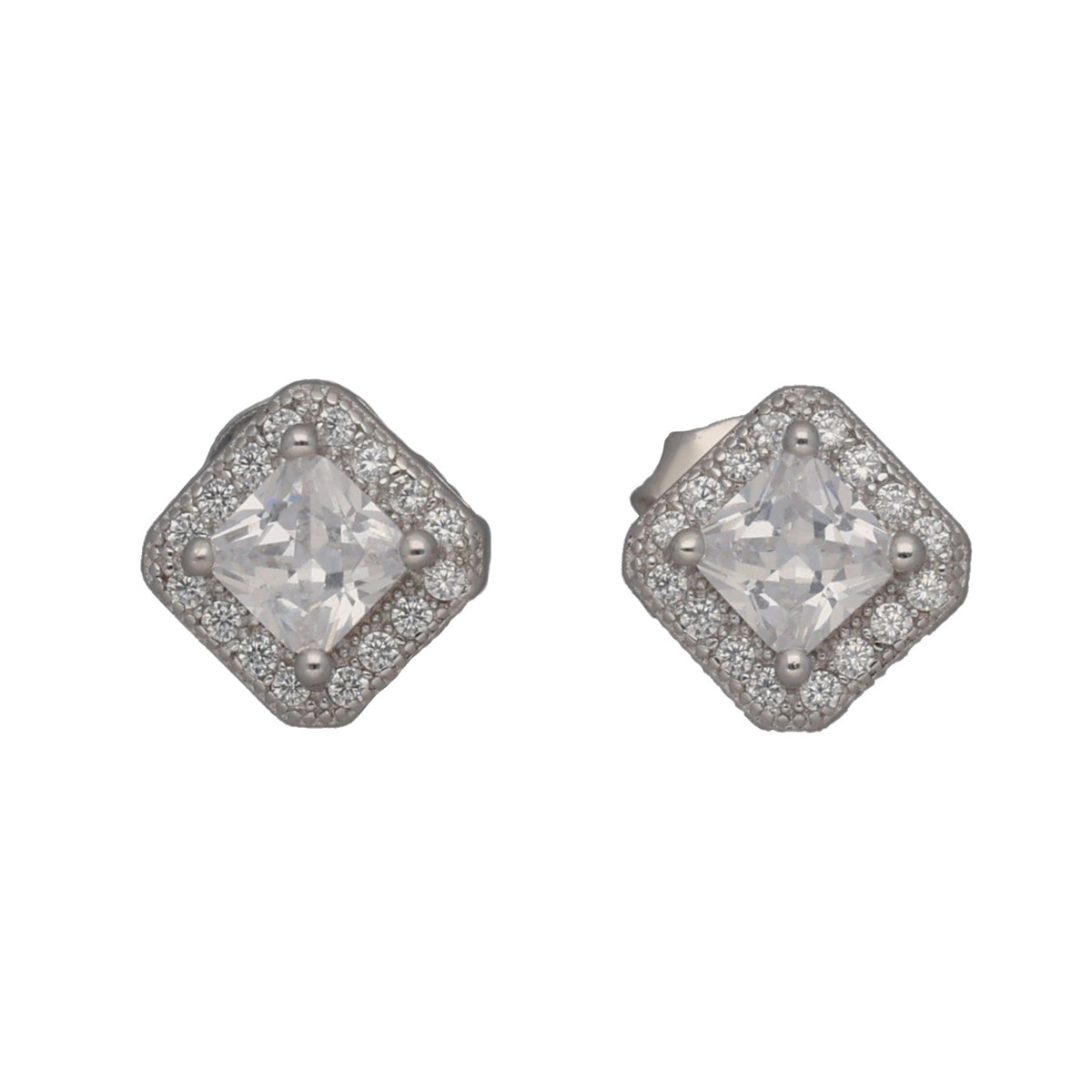 New Sterling Silver Cubic Zirconia Square Halo Stud Earrings