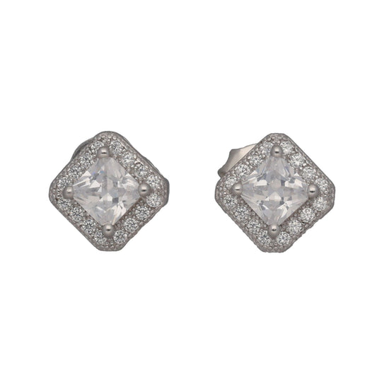 New Sterling Silver Cubic Zirconia Square Halo Stud Earrings