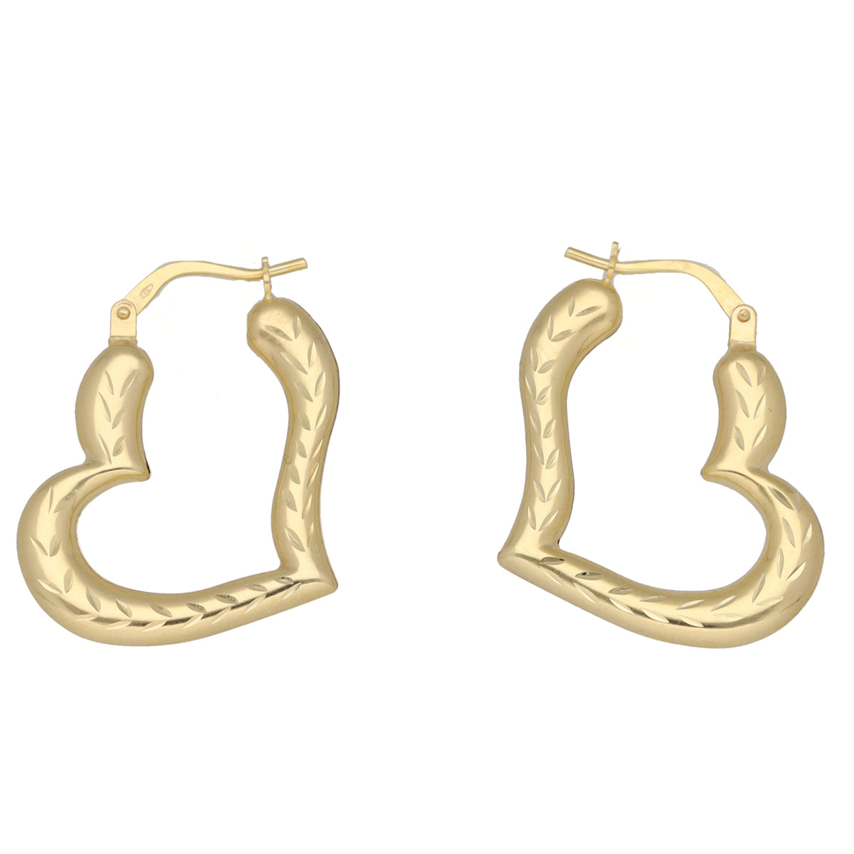 New 9ct Gold 24mm Heart Diamond Cut Hoop Earrings