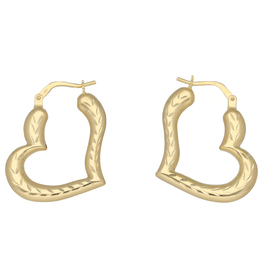 New 9ct Gold 24mm Heart Diamond Cut Hoop Earrings