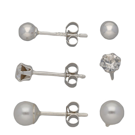 New Sterling Silver 3 Stud Earrings Set