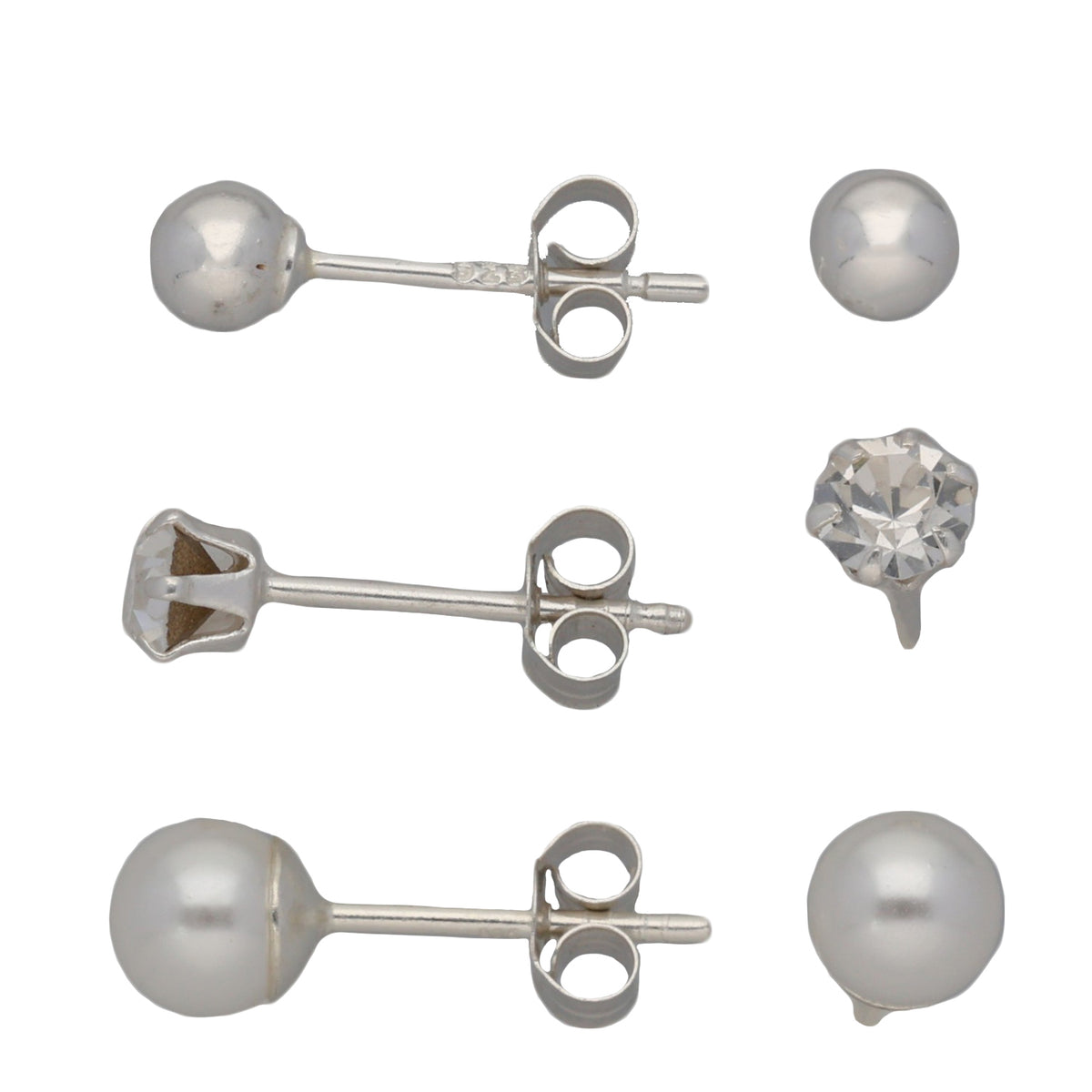 New Sterling Silver 3 Stud Earrings Set