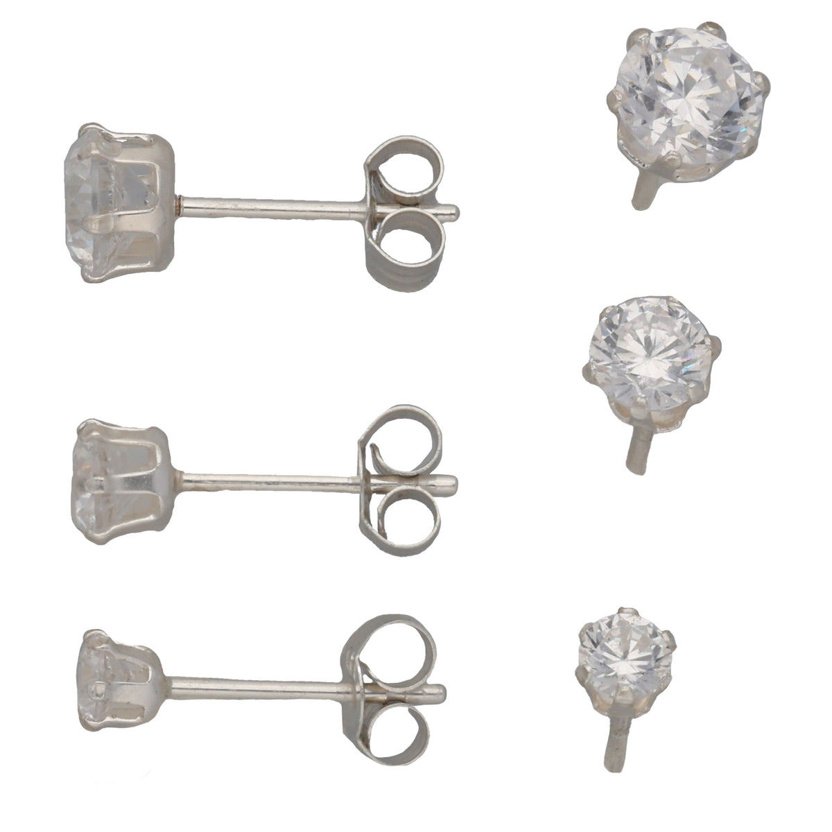 New Sterling Silver Cubic Zirconia Solitaire Earrings Set 2mm, 4mm & 5mm