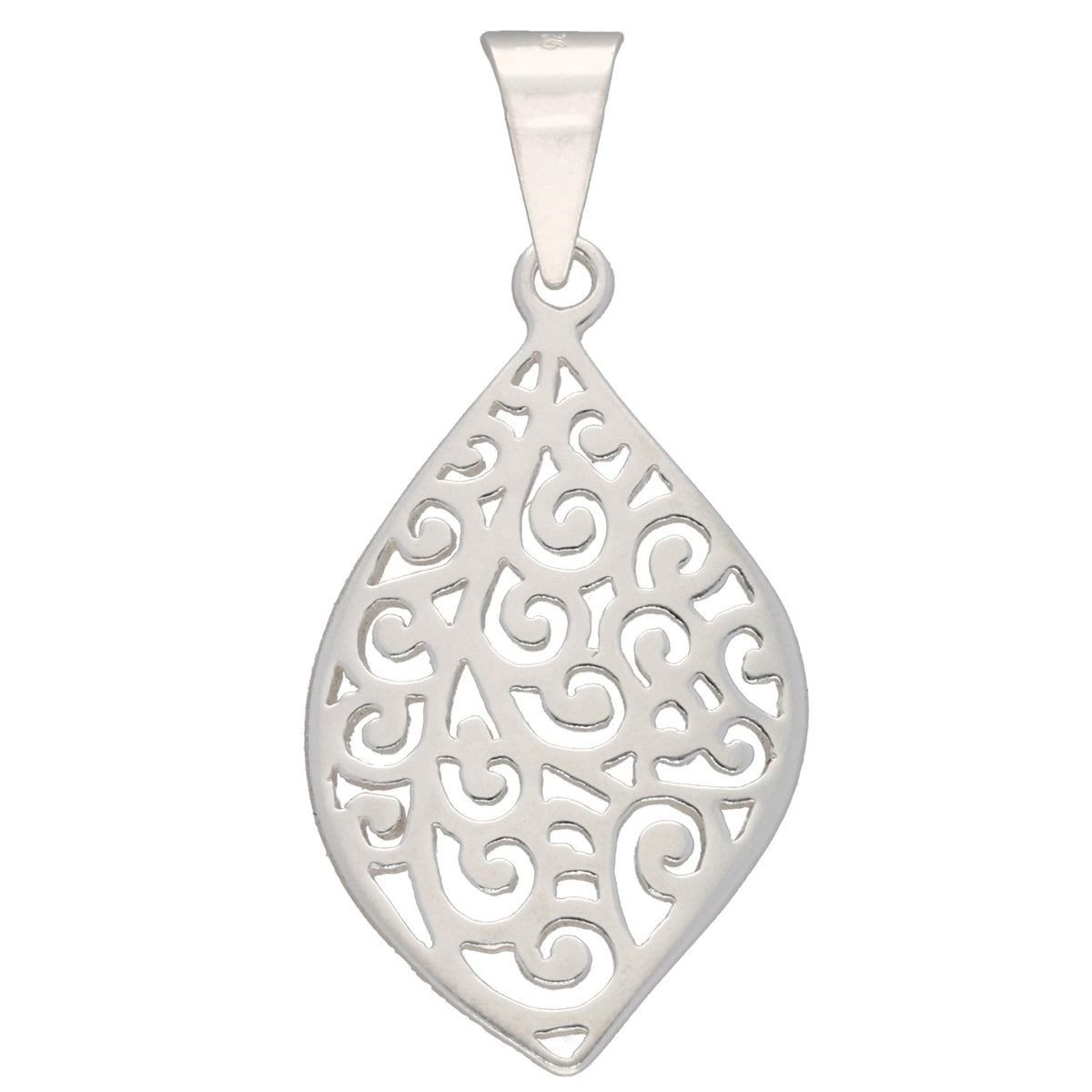 New Sterling Silver 33.5mm Curved Filigree Leaf Pendant