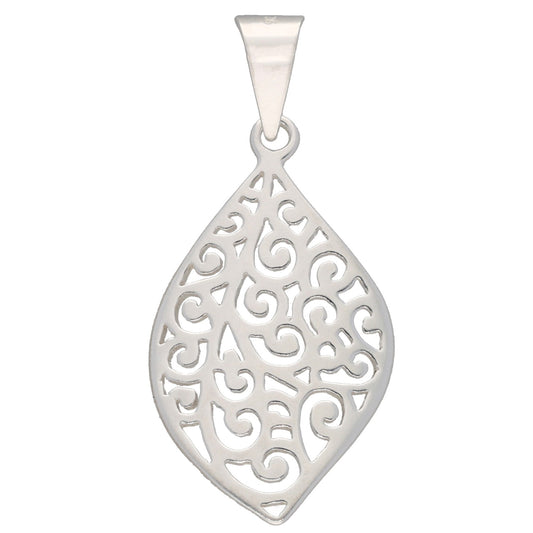New Sterling Silver 33.5mm Curved Filigree Leaf Pendant