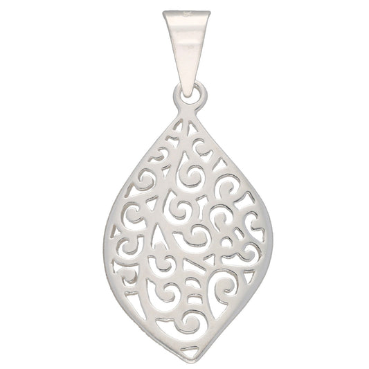 New Sterling Silver 33.5mm Curved Filigree Leaf Pendant