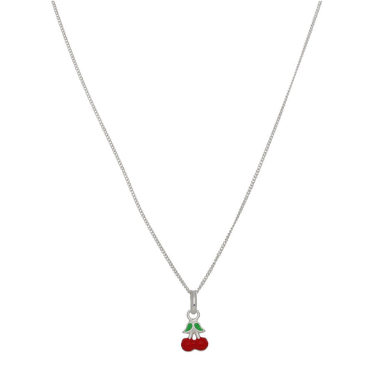 New Sterling Silver Kids Enamel Cherry Pendant Chain 14"