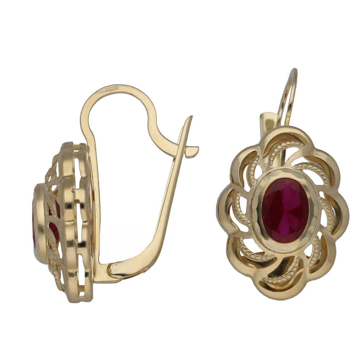 New 14ct Gold Red Stone Flower Drop Earrings