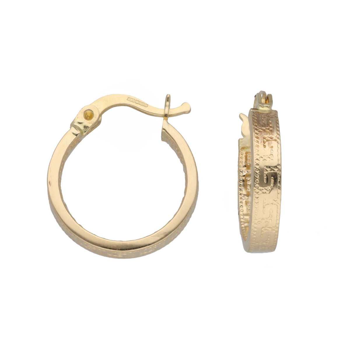New 14ct Gold 15mm Greek Key Hoop Earrings