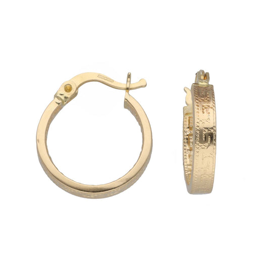 New 14ct Gold 15mm Greek Key Hoop Earrings