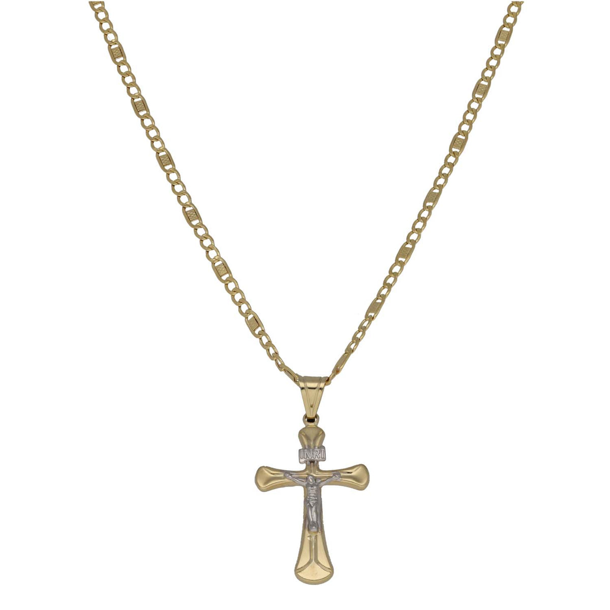 New 14ct Bi-Colour Gold Crucifix Pendant With Chain 18"