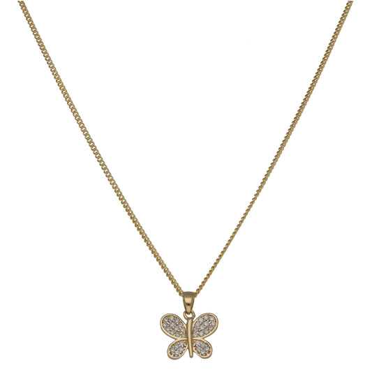 New 14ct Gold Cubic Zirconia Butterfly Pendant With Chain 14"