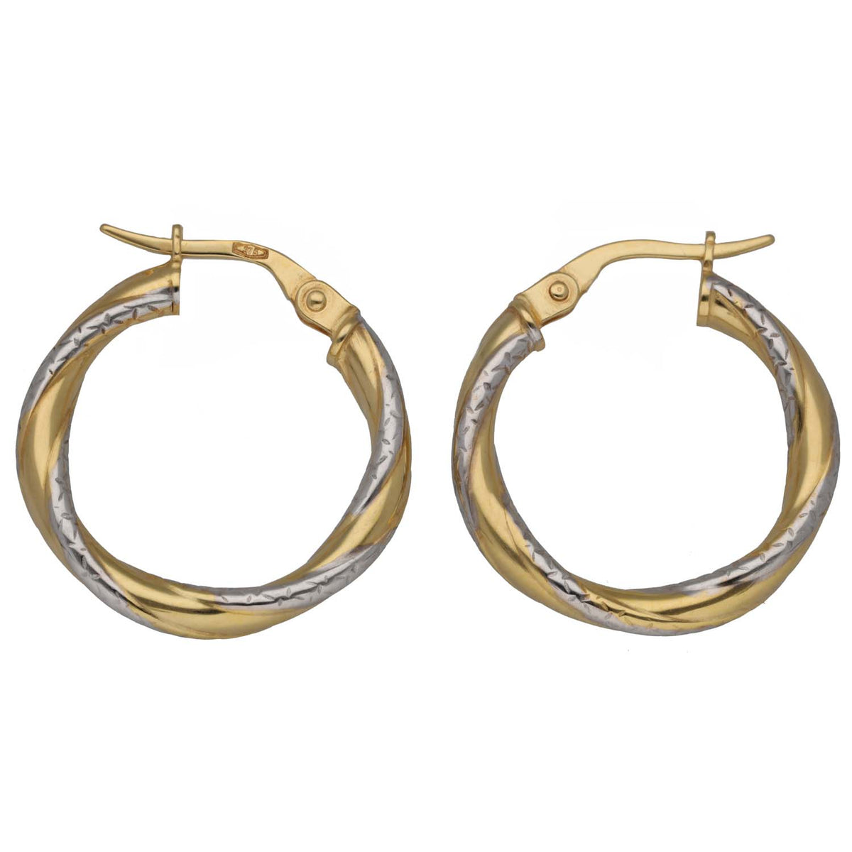 New 9ct Bi-Colour Gold 15mm Diamond Cut Twist Hoop Earrings