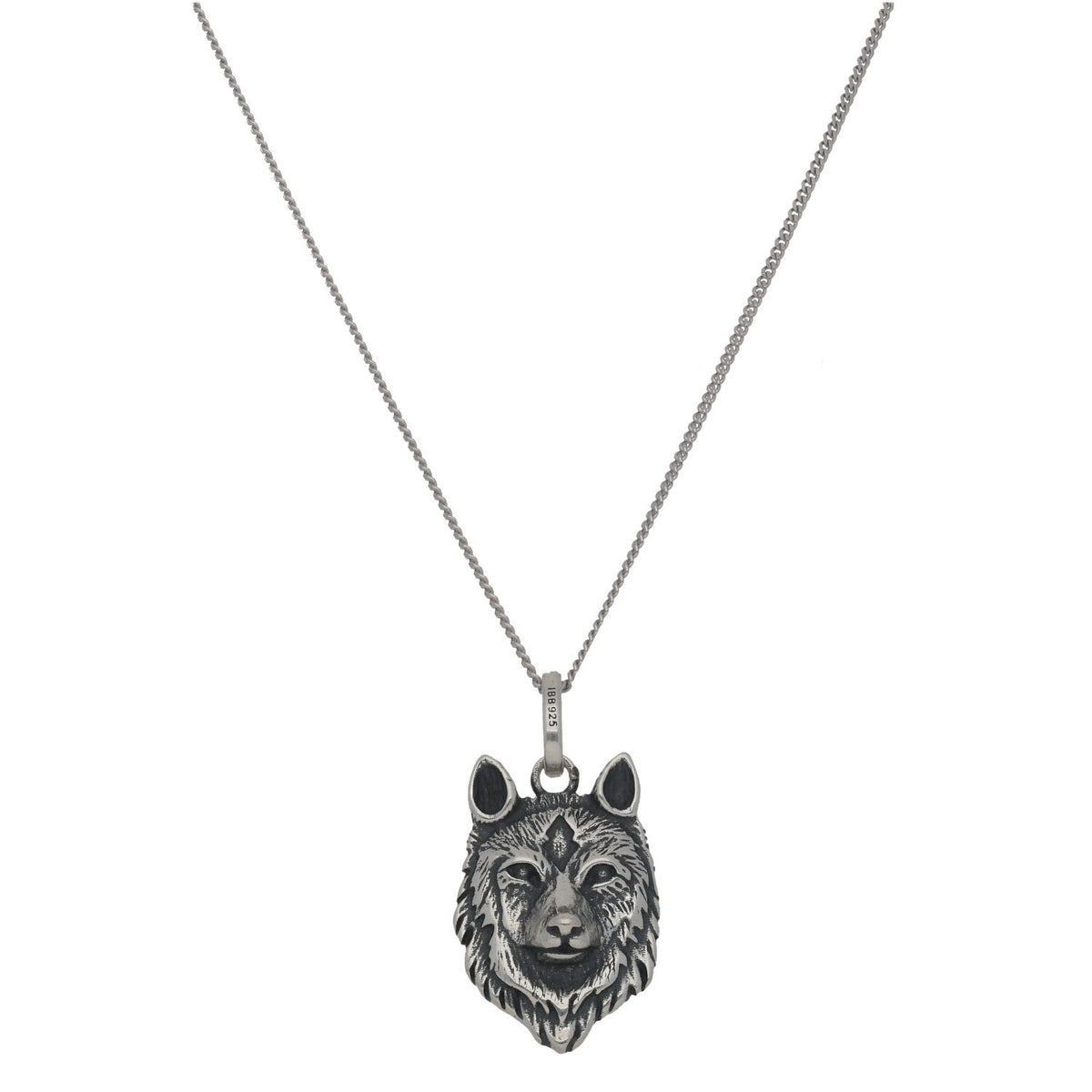 New Sterling Silver Oxidised Wolf Head Pendant With Chain 18"